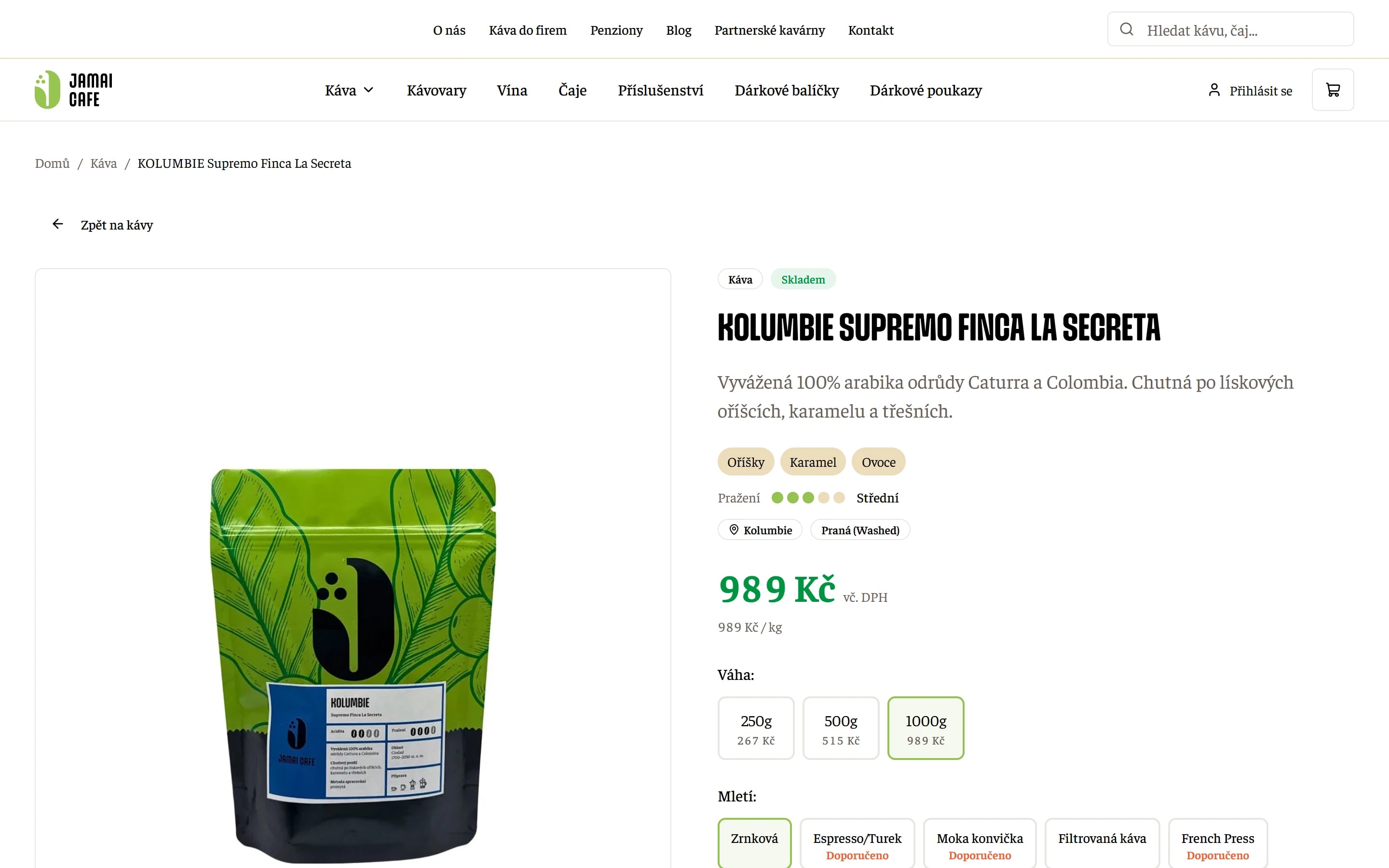 Detail kávy na e-shopu Jamai s výběrem hmotnosti a mletí.