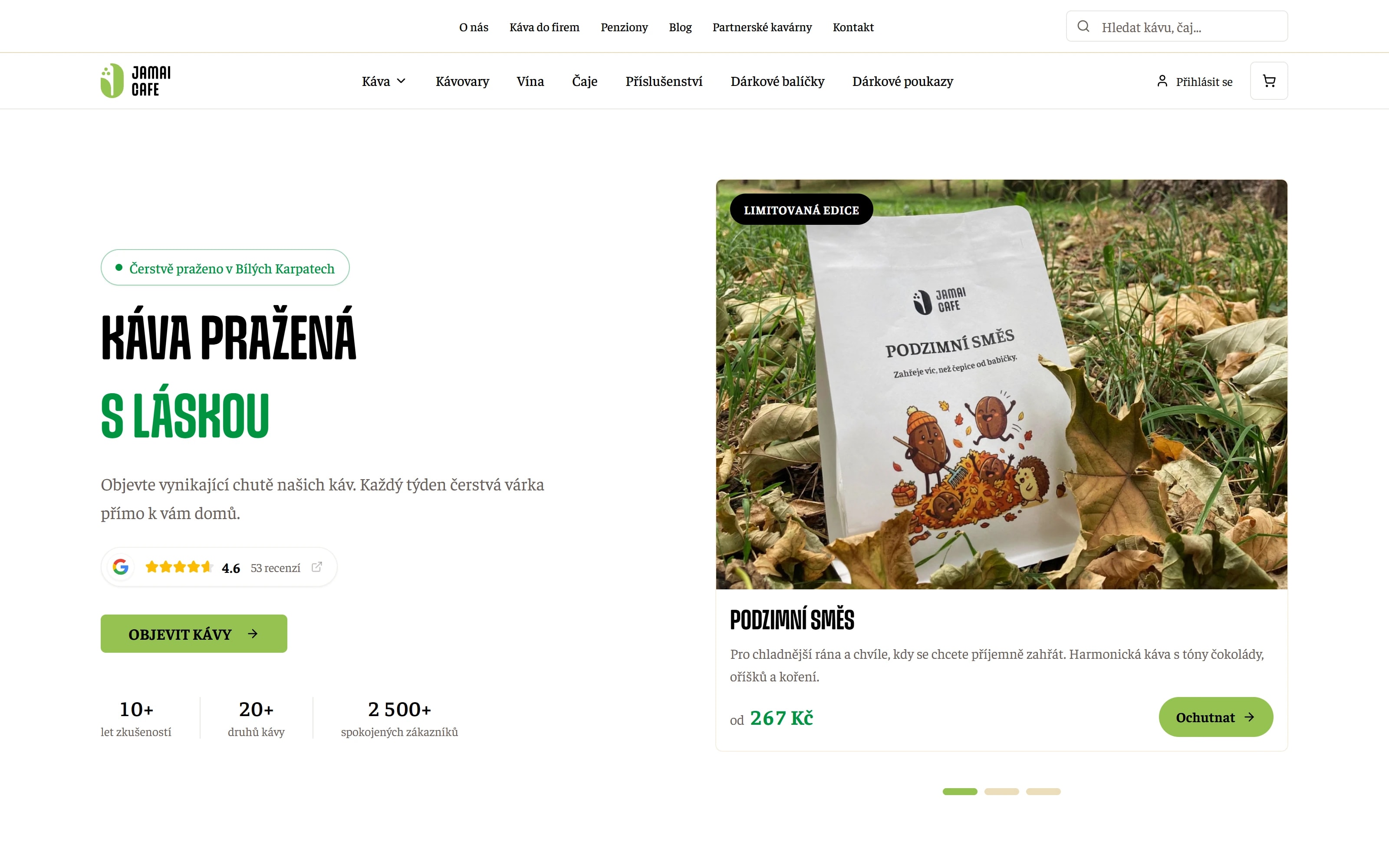 Úvodní stránka webu Jamai Cafe s e-shopem výběrové kávy.