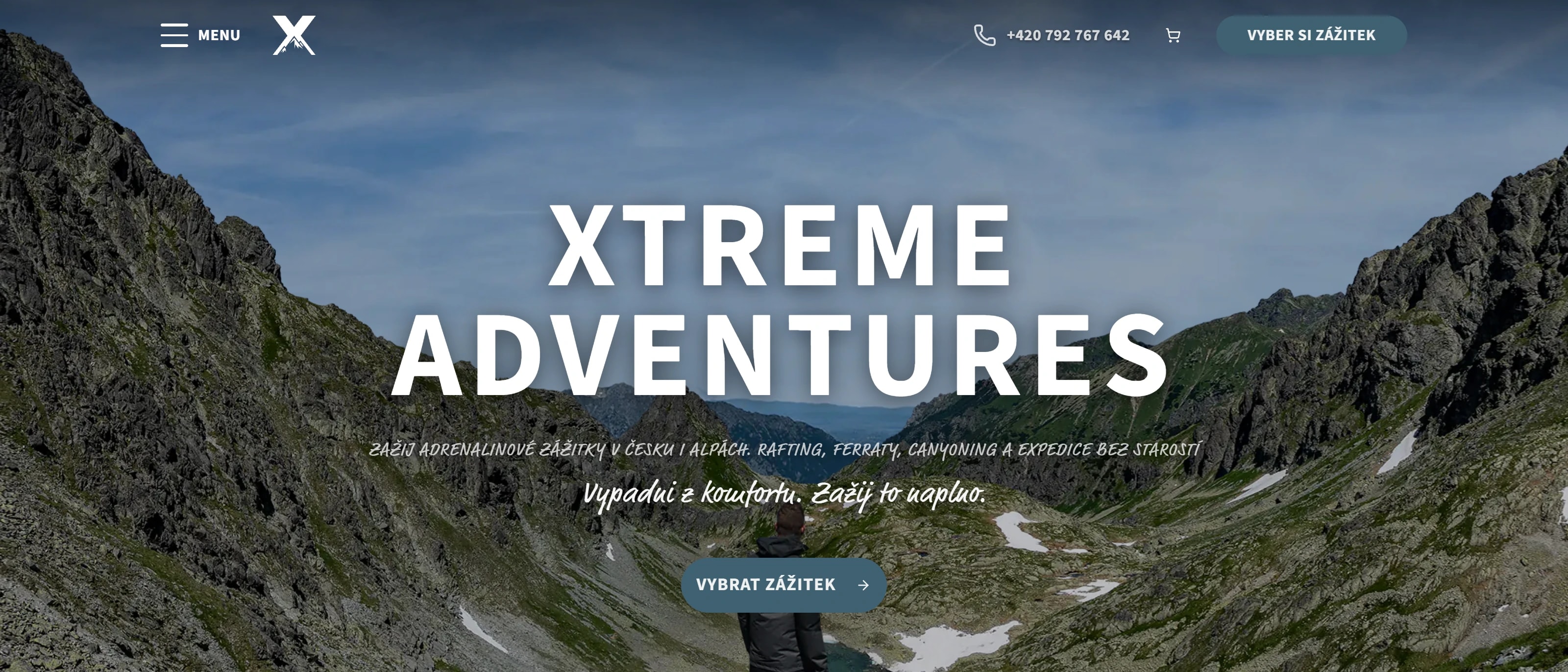 Úvodní stránka webu Xtreme Adventures s nabídkou zážitků.