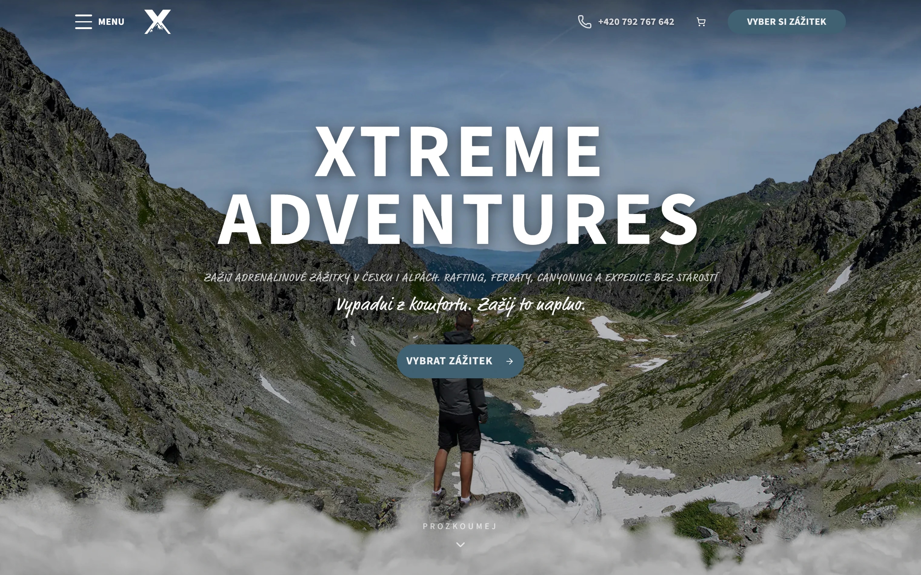 Úvodní stránka webu Xtreme Adventures s nabídkou zážitků.