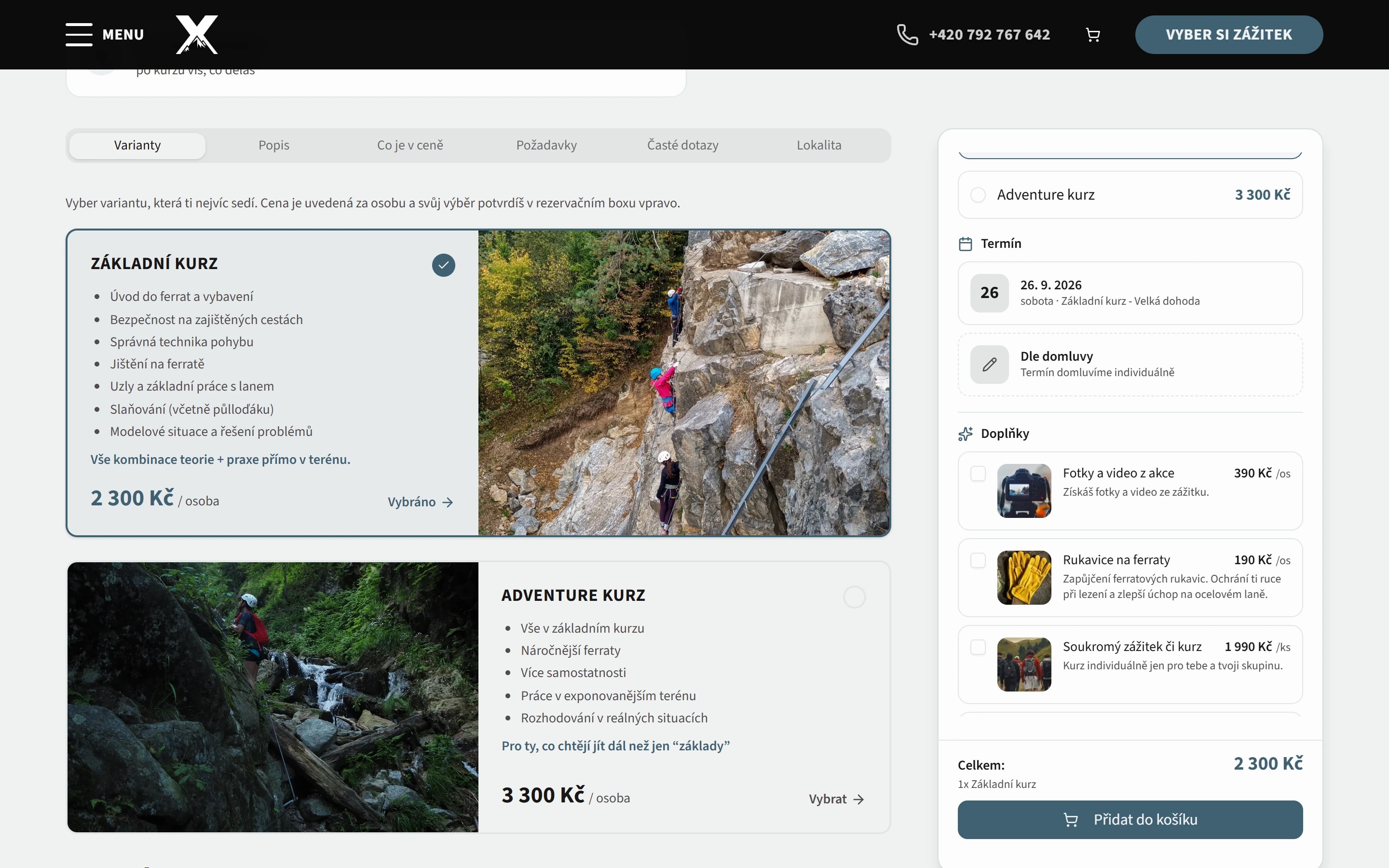 Detail zážitku na webu Xtreme Adventures s výběrem varianty a rezervací s doplňky.